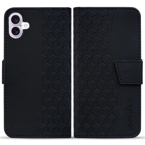 For iPhone 16 Case Rhombus Pattern Leather Phone Cover Wallet Stand Flip - Black - 1