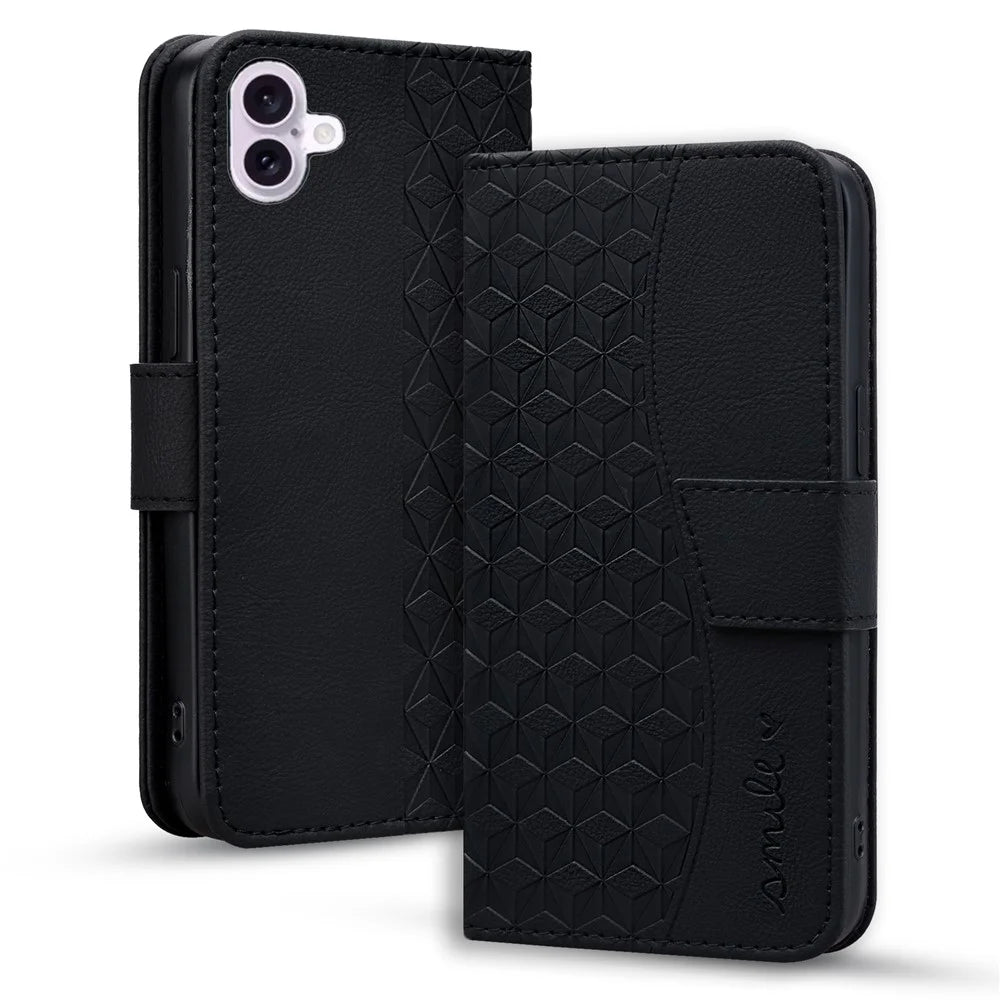 For iPhone 16 Case Rhombus Pattern Leather Phone Cover Wallet Stand Flip - Black - 6