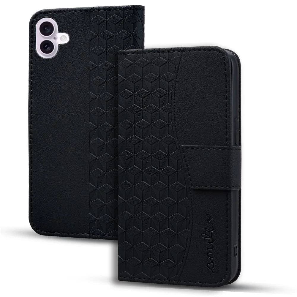 For iPhone 16 Case Rhombus Pattern Leather Phone Cover Wallet Stand Flip - Black - 7