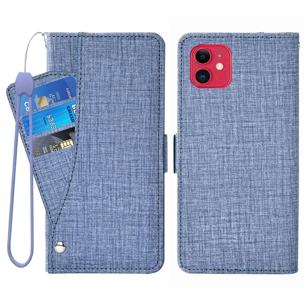 Flip Phone Cover for iPhone 12 / 12 Pro 6.1 inch, Jeans Cloth Texture PU Leather Wallet Stand Rotating Card Slot Phone Case - Blue - 1