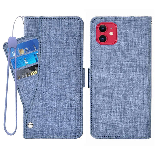 Flip Phone Cover for iPhone 12 / 12 Pro 6.1 inch, Jeans Cloth Texture PU Leather Wallet Stand Rotating Card Slot Phone Case - Blue - 1