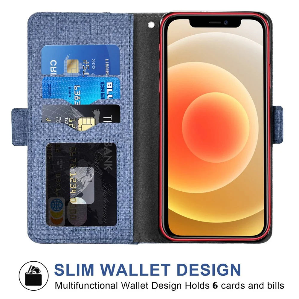 Flip Phone Cover for iPhone 12 / 12 Pro 6.1 inch, Jeans Cloth Texture PU Leather Wallet Stand Rotating Card Slot Phone Case - Blue - 2