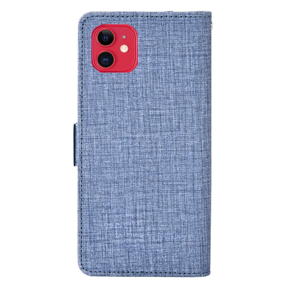 Flip Phone Cover for iPhone 12 / 12 Pro 6.1 inch, Jeans Cloth Texture PU Leather Wallet Stand Rotating Card Slot Phone Case - Blue - 7