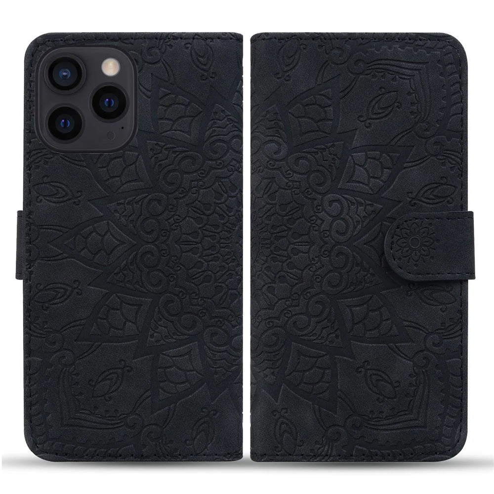 For iPhone 16 Pro Max Case PU Leather Wallet Flip Phone Cover Flower Imprinted - Black - 1