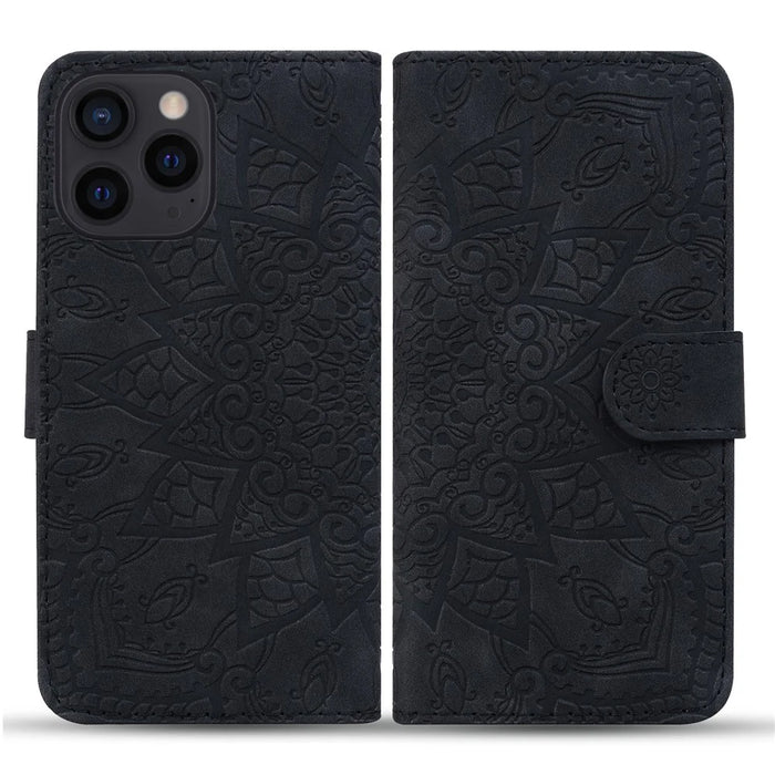 For iPhone 16 Pro Max Case PU Leather Wallet Flip Phone Cover Flower Imprinted - Black - 1