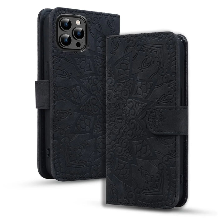 For iPhone 16 Pro Max Case PU Leather Wallet Flip Phone Cover Flower Imprinted - Black - 6