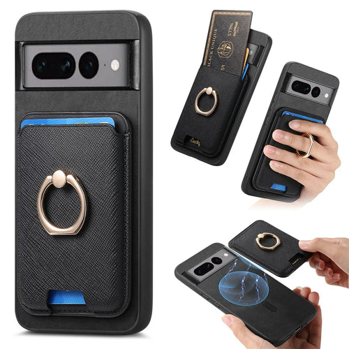 For Google Pixel 7 Pro 5G Magnetic Phone Case with Detachable Ring Holder Card Bag - Black - 1