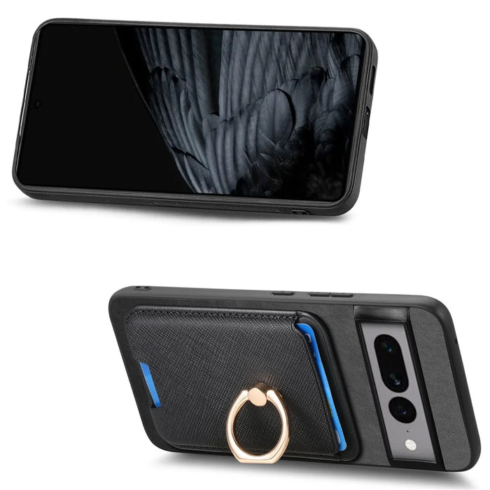For Google Pixel 7 Pro 5G Magnetic Phone Case with Detachable Ring Holder Card Bag - Black - 4