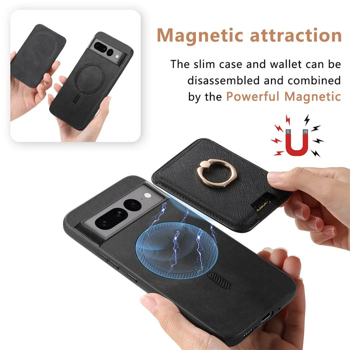 For Google Pixel 7 Pro 5G Magnetic Phone Case with Detachable Ring Holder Card Bag - Black - 5