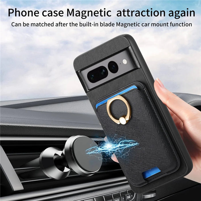 For Google Pixel 7 Pro 5G Magnetic Phone Case with Detachable Ring Holder Card Bag - Black - 6