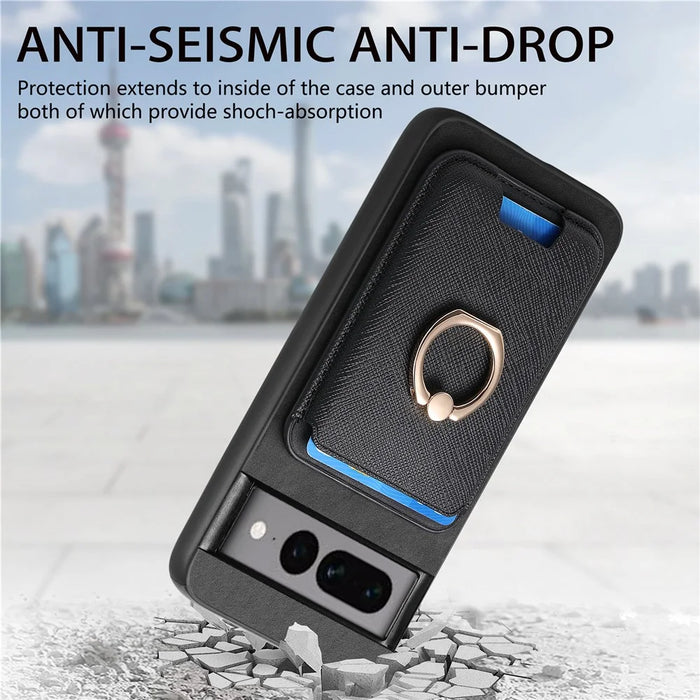 For Google Pixel 7 Pro 5G Magnetic Phone Case with Detachable Ring Holder Card Bag - Black - 7