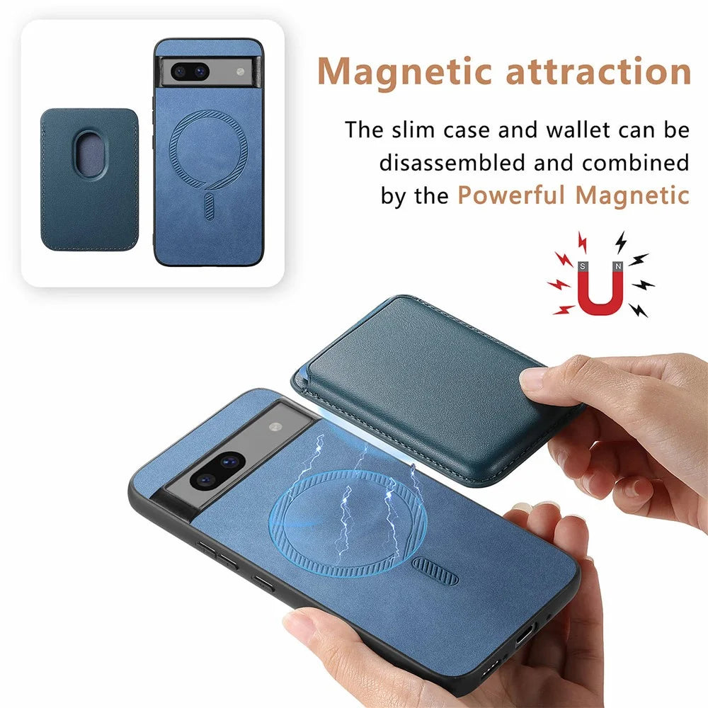 B2 For Google Pixel 7a Magnetic Case Detachable Card Holder Leather+TPU Phone Cover - Blue - 5