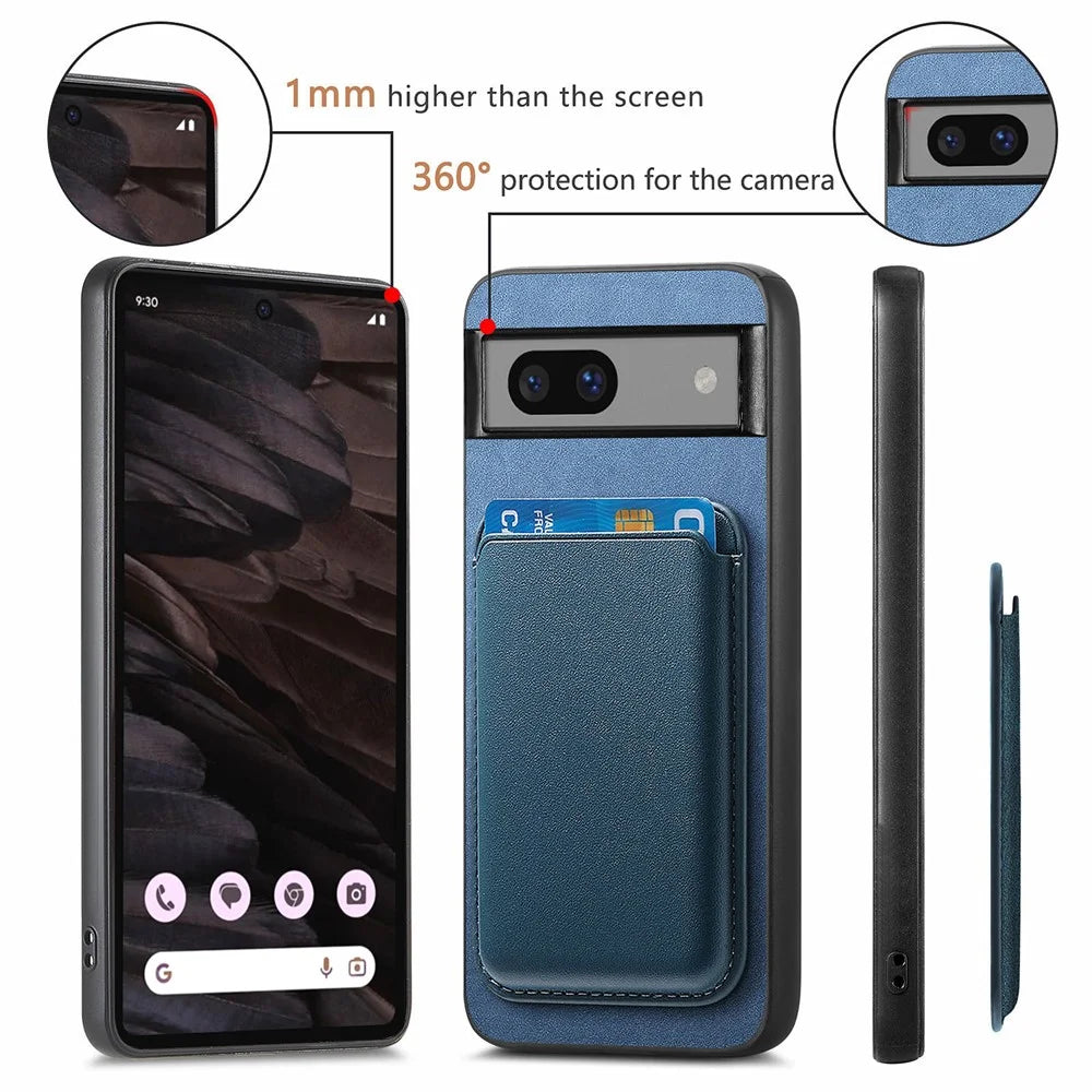 B2 For Google Pixel 7a Magnetic Case Detachable Card Holder Leather+TPU Phone Cover - Blue - 6
