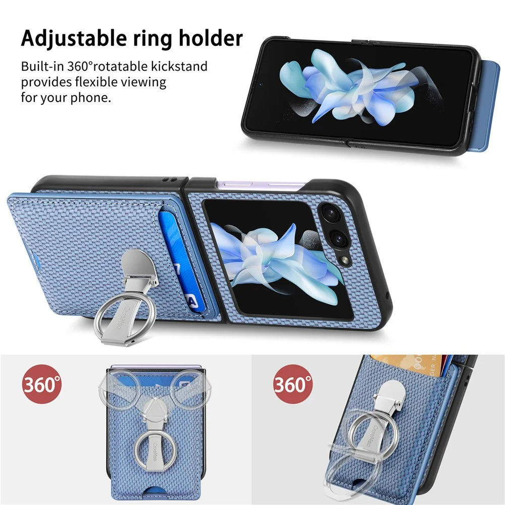 For Samsung Galaxy Z Flip7 FE 5G / Z Flip6 5G Case Kickstand Card Holder Leather+PC Phone Cover - Blue - 6
