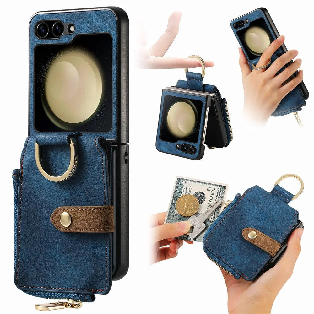 For Samsung Galaxy Z Flip7 FE 5G / Z Flip6 5G Case Zipper Pocket Finger Ring Retro Leather+PC Phone Cover - Blue - 1