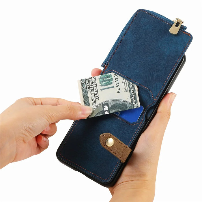 For Samsung Galaxy Z Flip7 FE 5G / Z Flip6 5G Case Zipper Pocket Finger Ring Retro Leather+PC Phone Cover - Blue - 4