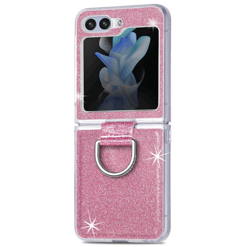 For Samsung Galaxy Z Flip7 FE 5G / Z Flip6 5G Case Leather+PC Glitter Phone Cover Rhinestone Ring Holder - Pink - 1