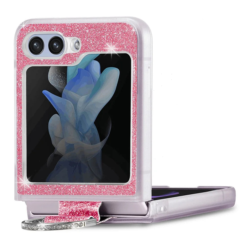 For Samsung Galaxy Z Flip7 FE 5G / Z Flip6 5G Case Leather+PC Glitter Phone Cover Rhinestone Ring Holder - Pink - 2