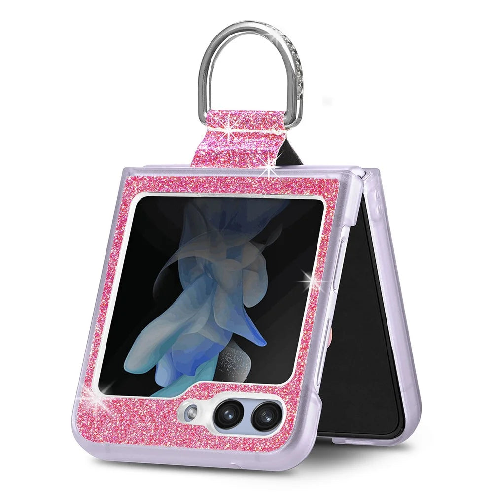 For Samsung Galaxy Z Flip7 FE 5G / Z Flip6 5G Case Leather+PC Glitter Phone Cover Rhinestone Ring Holder - Pink - 3