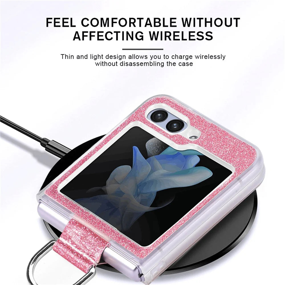 For Samsung Galaxy Z Flip7 FE 5G / Z Flip6 5G Case Leather+PC Glitter Phone Cover Rhinestone Ring Holder - Pink - 5