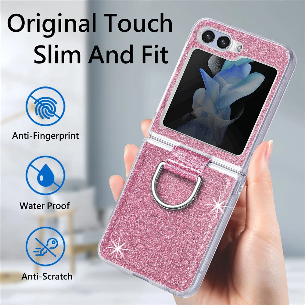 For Samsung Galaxy Z Flip7 FE 5G / Z Flip6 5G Case Leather+PC Glitter Phone Cover Rhinestone Ring Holder - Pink - 6