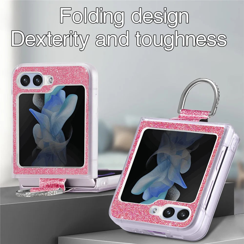 For Samsung Galaxy Z Flip7 FE 5G / Z Flip6 5G Case Leather+PC Glitter Phone Cover Rhinestone Ring Holder - Pink - 7