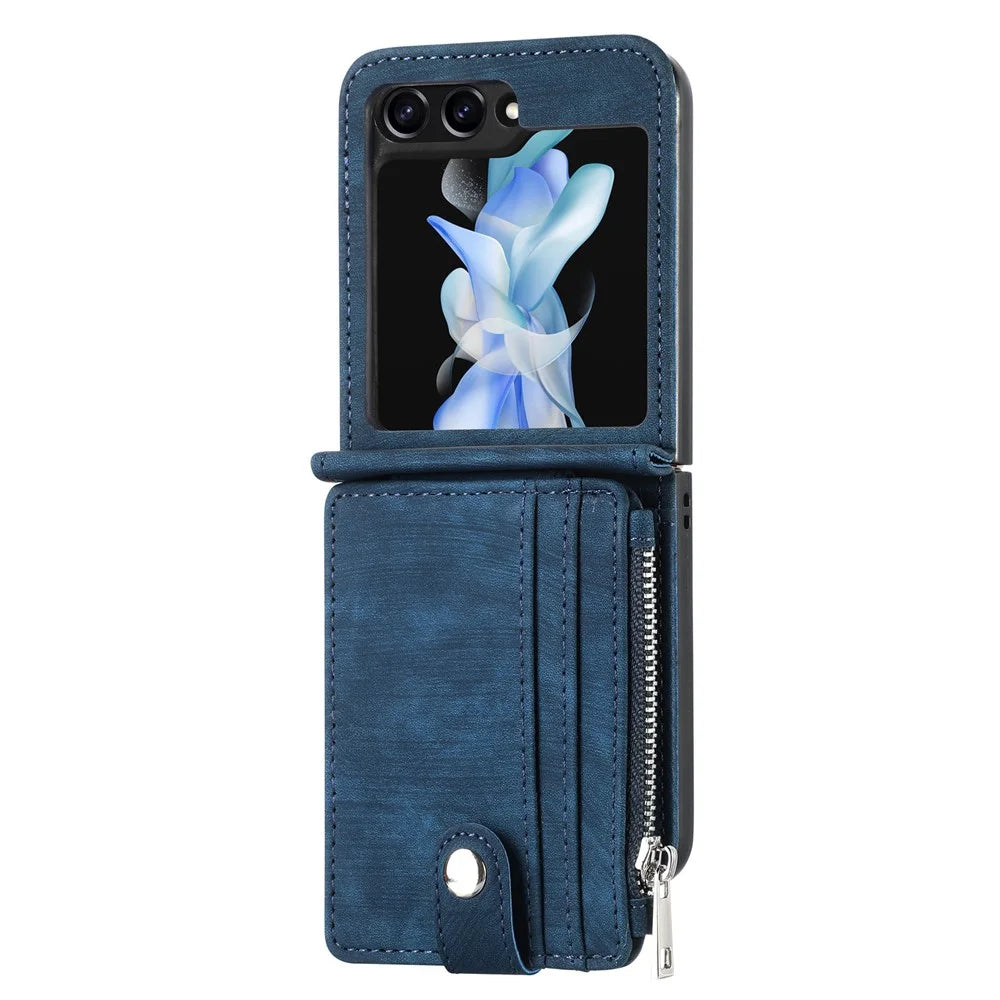 For Samsung Galaxy Z Flip7 FE 5G / Z Flip6 5G Case Kickstand Retro Leather Phone Cover Zipper Card Holder - Blue - 2