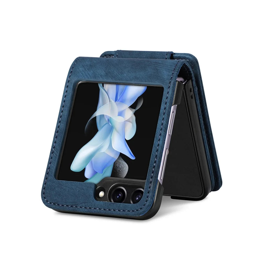 For Samsung Galaxy Z Flip7 FE 5G / Z Flip6 5G Case Kickstand Retro Leather Phone Cover Zipper Card Holder - Blue - 3