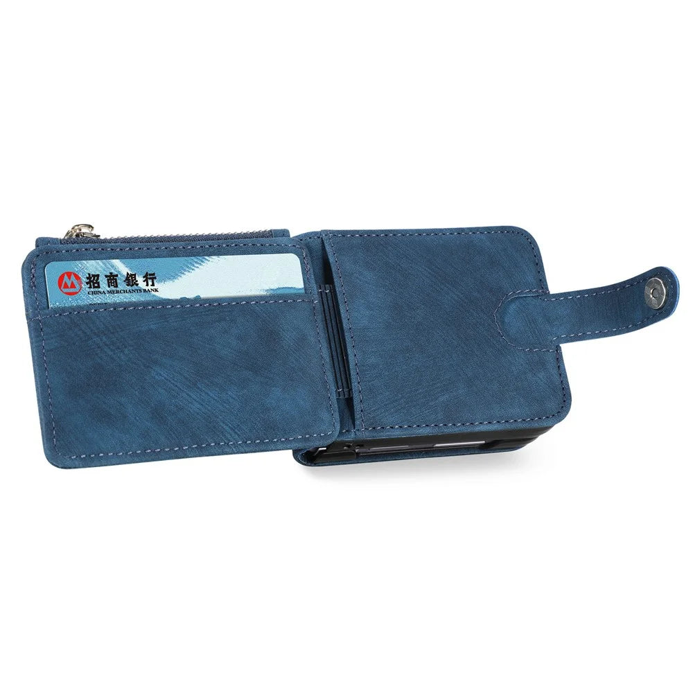 For Samsung Galaxy Z Flip7 FE 5G / Z Flip6 5G Case Kickstand Retro Leather Phone Cover Zipper Card Holder - Blue - 4