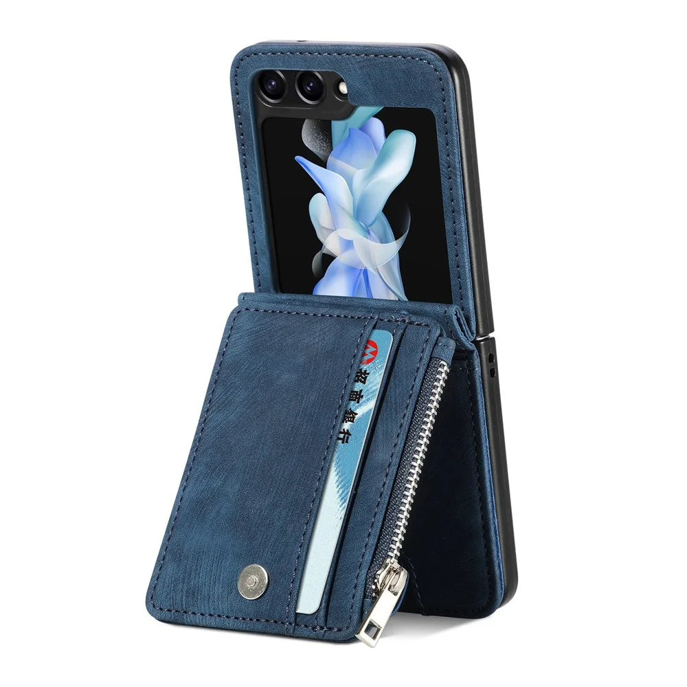 For Samsung Galaxy Z Flip7 FE 5G / Z Flip6 5G Case Kickstand Retro Leather Phone Cover Zipper Card Holder - Blue - 5