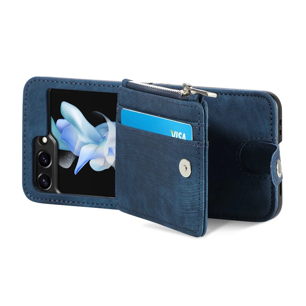 For Samsung Galaxy Z Flip7 FE 5G / Z Flip6 5G Case Kickstand Retro Leather Phone Cover Zipper Card Holder - Blue - 6