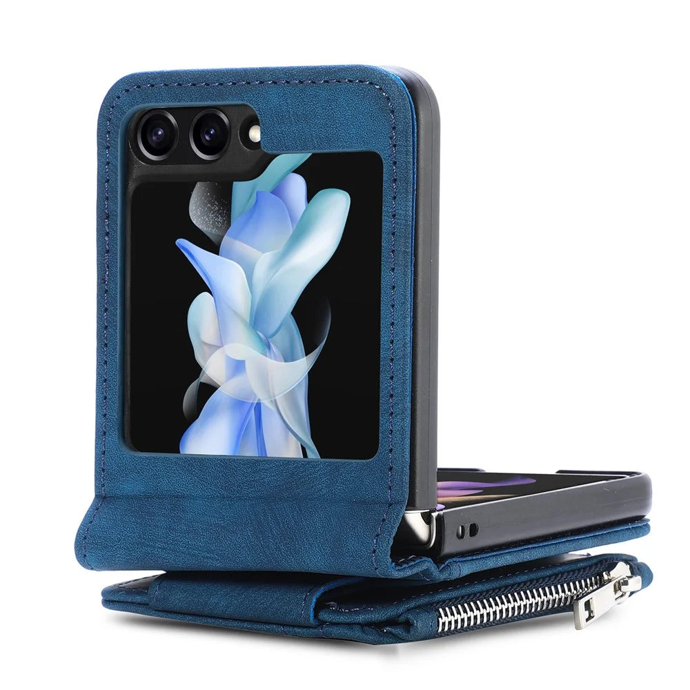 For Samsung Galaxy Z Flip7 FE 5G / Z Flip6 5G Case Kickstand Retro Leather Phone Cover Zipper Card Holder - Blue - 7