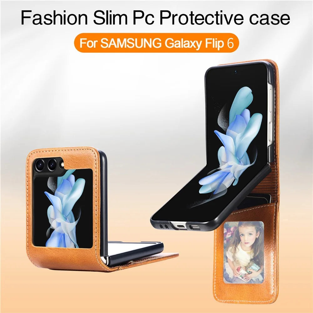 For Samsung Galaxy Z Flip7 FE 5G / Z Flip6 5G Case Leather Phone Cover Card Slots Photo Frame Slot - Brown - 4