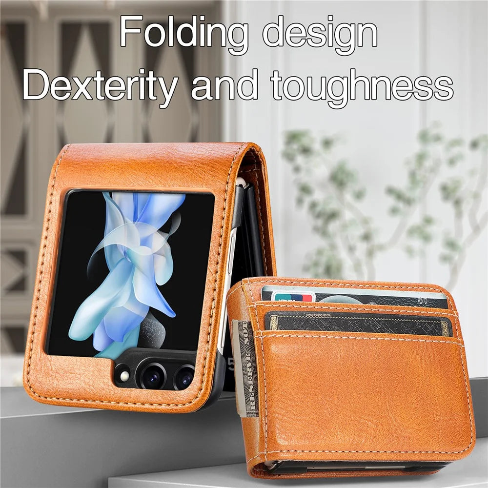 For Samsung Galaxy Z Flip7 FE 5G / Z Flip6 5G Case Leather Phone Cover Card Slots Photo Frame Slot - Brown - 6