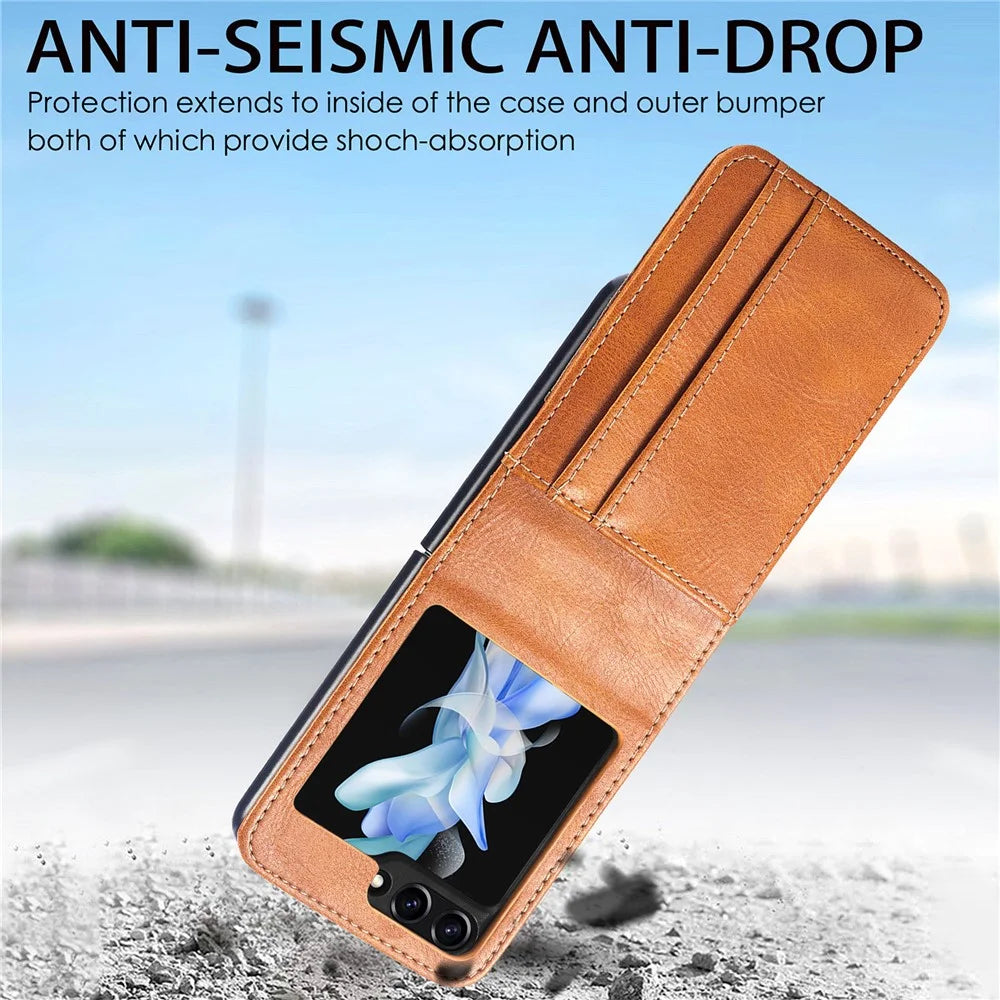 For Samsung Galaxy Z Flip7 FE 5G / Z Flip6 5G Case Leather Phone Cover Card Slots Photo Frame Slot - Brown - 7