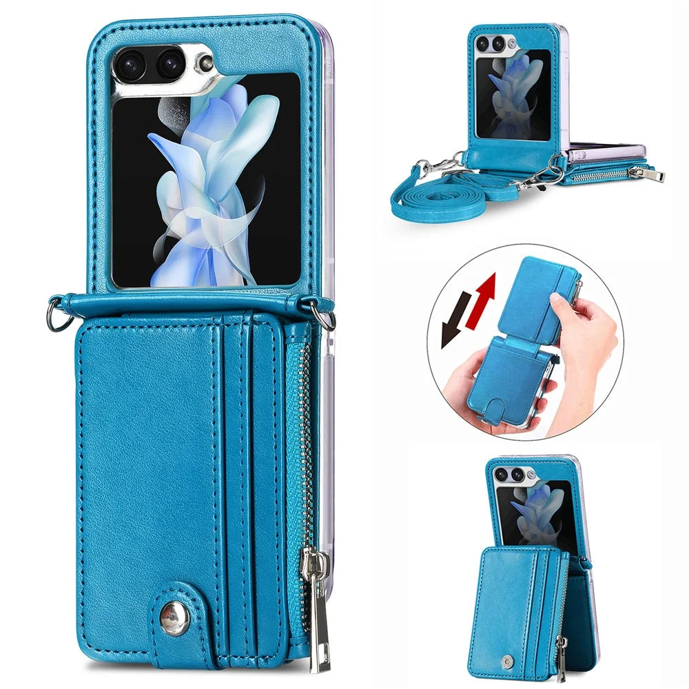 For Samsung Galaxy Z Flip7 FE 5G / Z Flip6 5G Case Zipper Card Holder Leather Phone Cover with Long Strap - Blue - 1