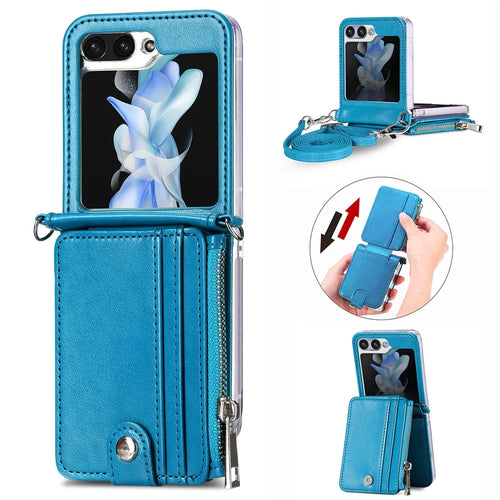 For Samsung Galaxy Z Flip7 FE 5G / Z Flip6 5G Case Zipper Card Holder Leather Phone Cover with Long Strap - Blue - 1