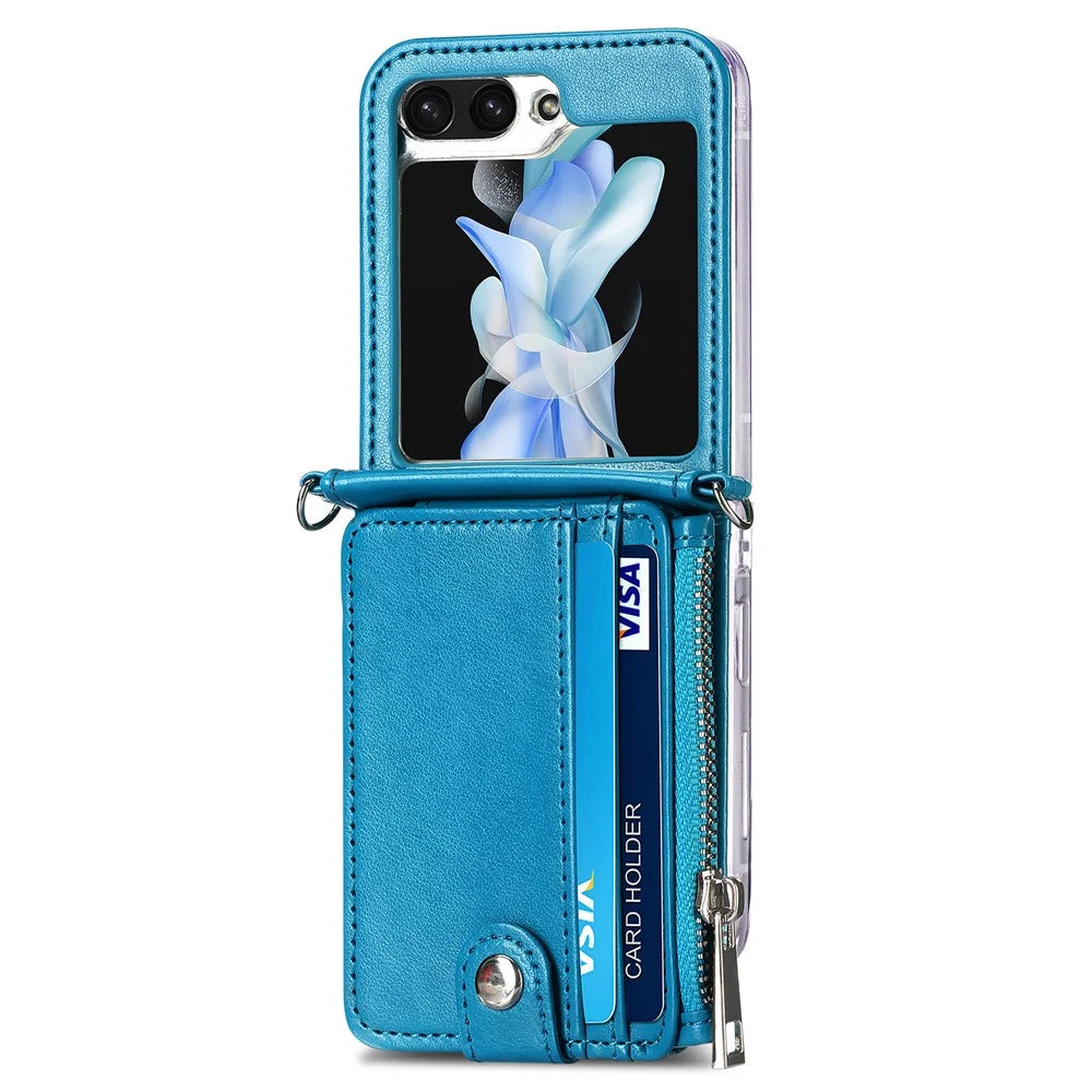 For Samsung Galaxy Z Flip7 FE 5G / Z Flip6 5G Case Zipper Card Holder Leather Phone Cover with Long Strap - Blue - 2