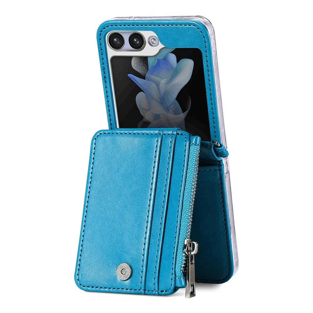 For Samsung Galaxy Z Flip7 FE 5G / Z Flip6 5G Case Zipper Card Holder Leather Phone Cover with Long Strap - Blue - 3