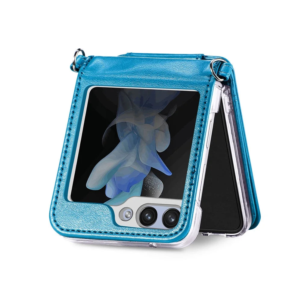 For Samsung Galaxy Z Flip7 FE 5G / Z Flip6 5G Case Zipper Card Holder Leather Phone Cover with Long Strap - Blue - 4