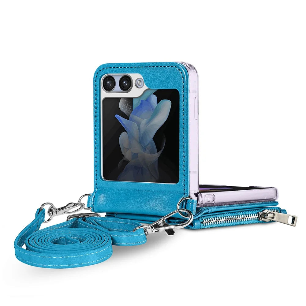 For Samsung Galaxy Z Flip7 FE 5G / Z Flip6 5G Case Zipper Card Holder Leather Phone Cover with Long Strap - Blue - 5