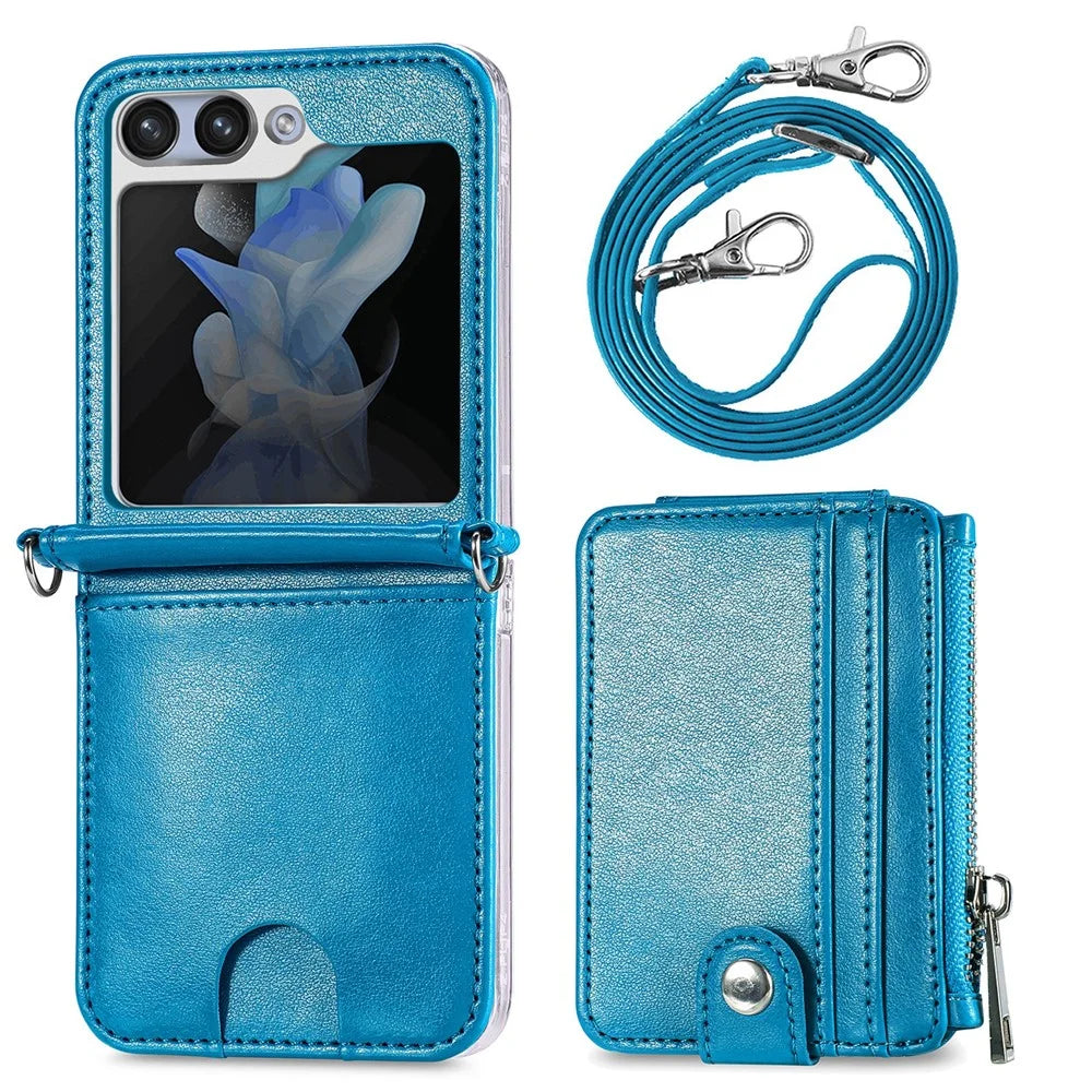 For Samsung Galaxy Z Flip7 FE 5G / Z Flip6 5G Case Zipper Card Holder Leather Phone Cover with Long Strap - Blue - 6