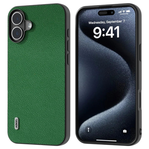 ABEEL For iPhone 16 Plus Case Litchi Texture Genuine Cow Leather+PC+TPU Phone Cover - Green - 1