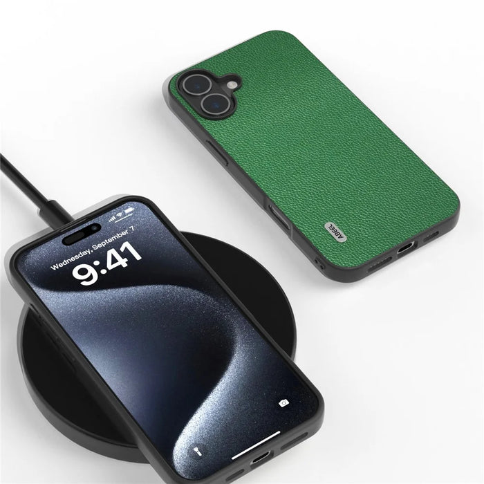 ABEEL For iPhone 16 Plus Case Litchi Texture Genuine Cow Leather+PC+TPU Phone Cover - Green - 3