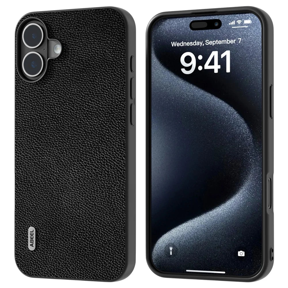 ABEEL For iPhone 16 Case Litchi Texture Genuine Cow Leather Hybrid Phone Cover - Black - 1