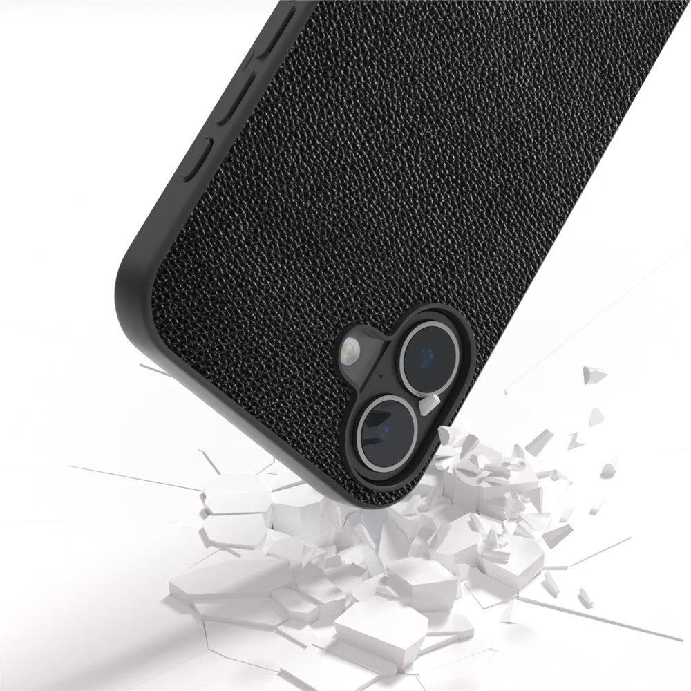 ABEEL For iPhone 16 Case Litchi Texture Genuine Cow Leather Hybrid Phone Cover - Black - 2