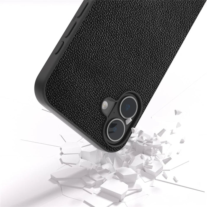 ABEEL For iPhone 16 Case Litchi Texture Genuine Cow Leather Hybrid Phone Cover - Black - 2