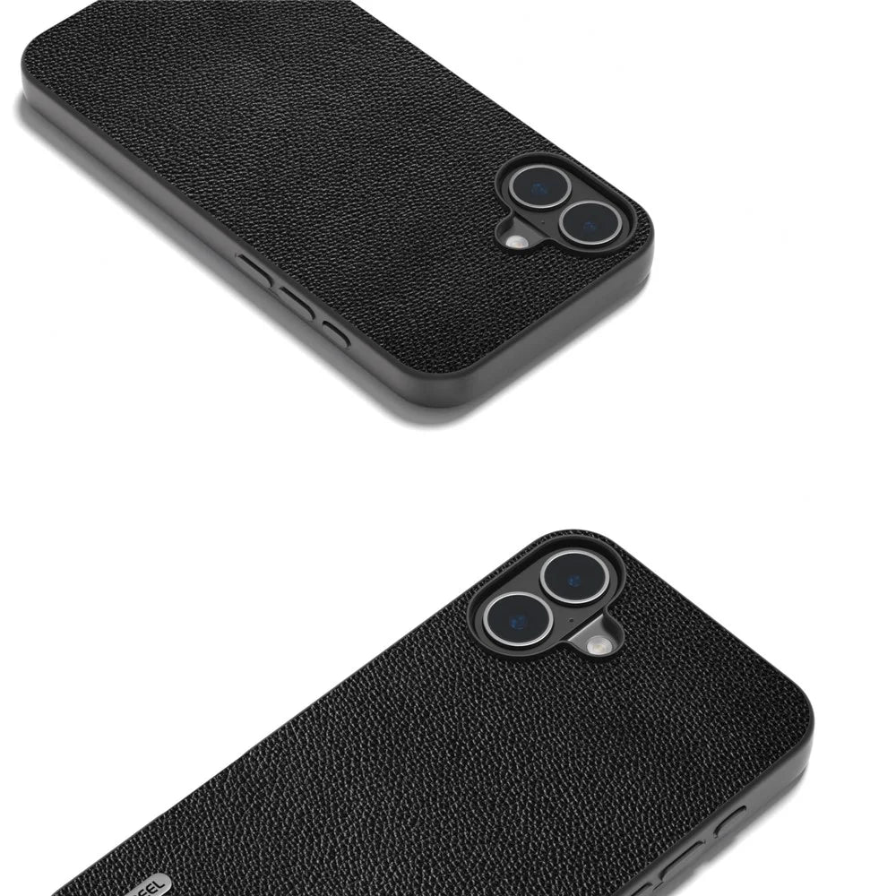ABEEL For iPhone 16 Case Litchi Texture Genuine Cow Leather Hybrid Phone Cover - Black - 4