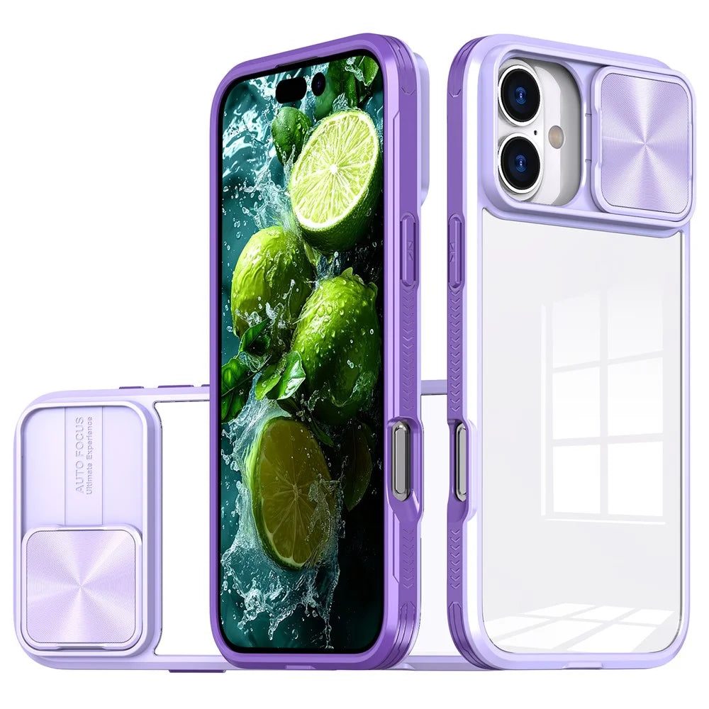 For iPhone 16 Plus Clear Case CD-Veins Camera Lens Sliding Lid TPU+PC Phone Cover - Purple - 1