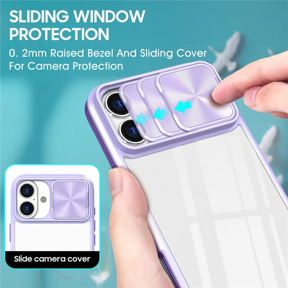 For iPhone 16 Plus Clear Case CD-Veins Camera Lens Sliding Lid TPU+PC Phone Cover - Purple - 3
